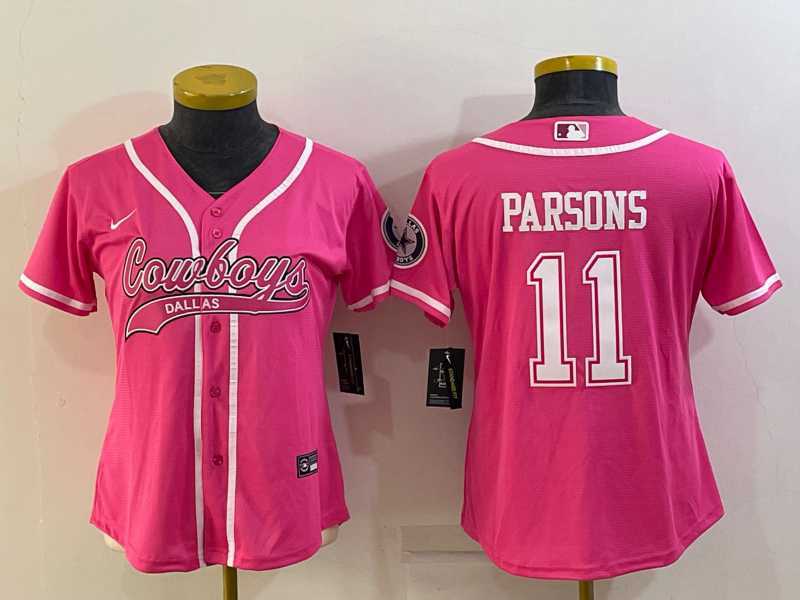 Women%27s Dallas Cowboys #11 Micah Parsons Pink With Patch Cool Base Stitched Baseball Jersey